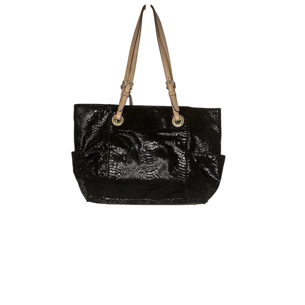 Michael Kors Womens Shoulder Tote Handbag Purse Medium Black Snake Print Leather - Picture 2 of 6